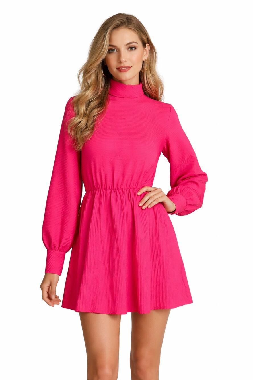 1968–72 Saks Fifth Avenue Hot Pink Crinkle Mini Dress High Neck Mod size XS